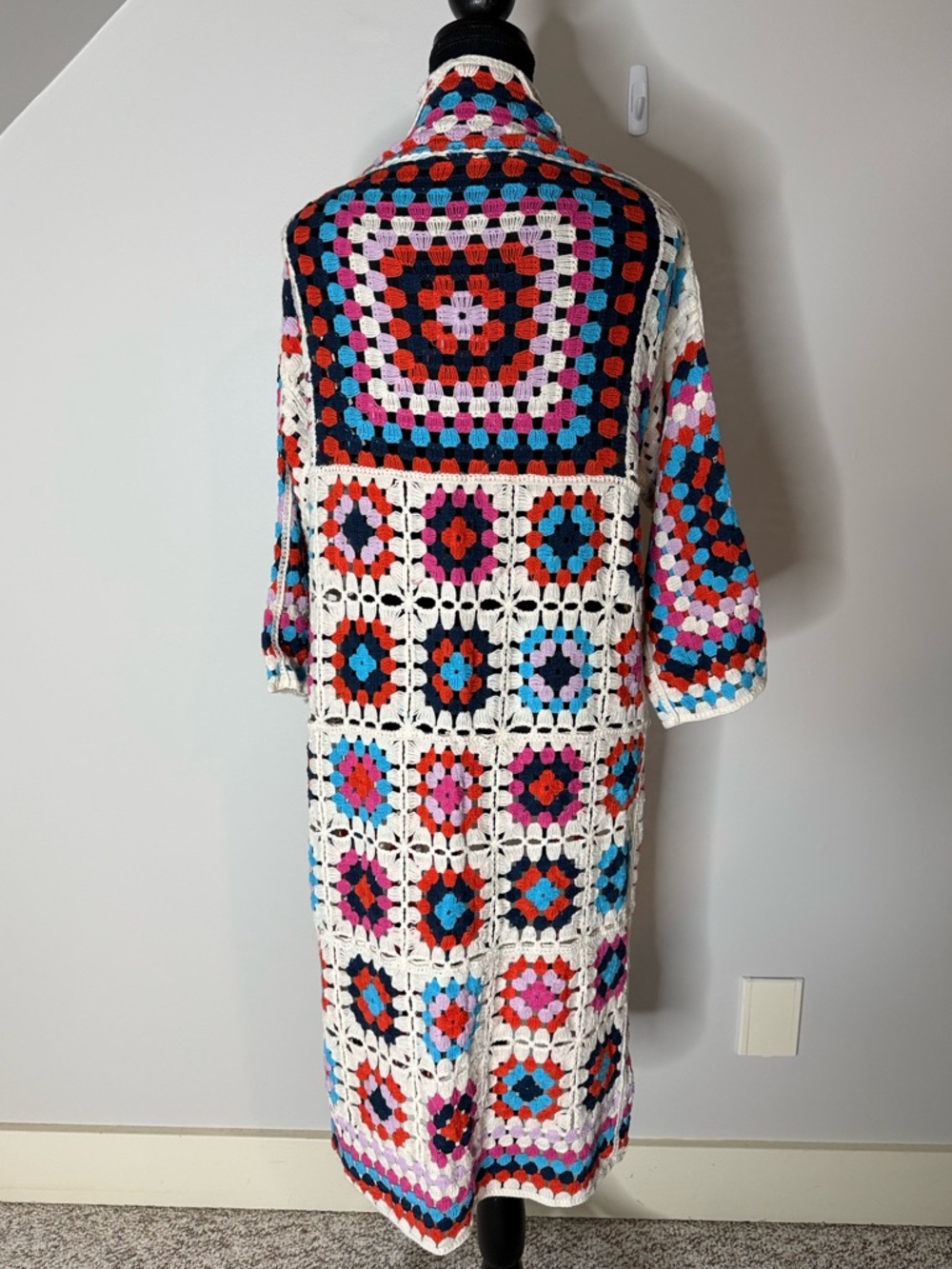 Crochet Granny Square Long Open Front Cardigan Duster Boho Cream Red Blue Medium - Picture 7 of 9